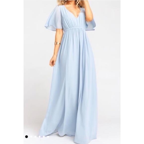 Show Me Your MuMu Dresses & Skirts - Show Me Your Mumu M Emily Empire Maxi Dress Blue Chiffon Flutter Sleeve